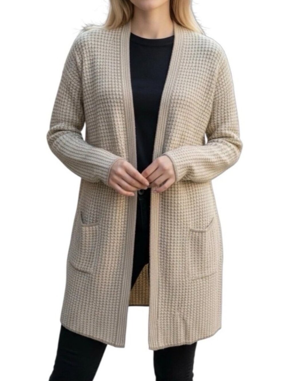 Fortune+Ivy Womens Knit Cardigan~Size Large~Tan White Pocket Sweater~L10 20